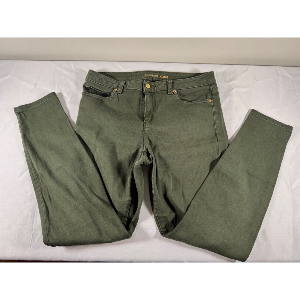 Michael Kors Izzy Skinny Pants Olive Green Gold Hardware Size 8